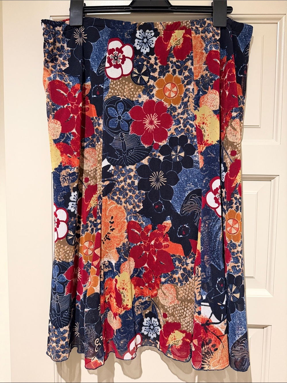 Beautiful Fall Floral Midi Skirt in Navy, Red & Orange